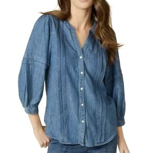 J. McLaughlin Laramie Blouse Size XS Blue Chambray Linen Blend Balloon Sleeve